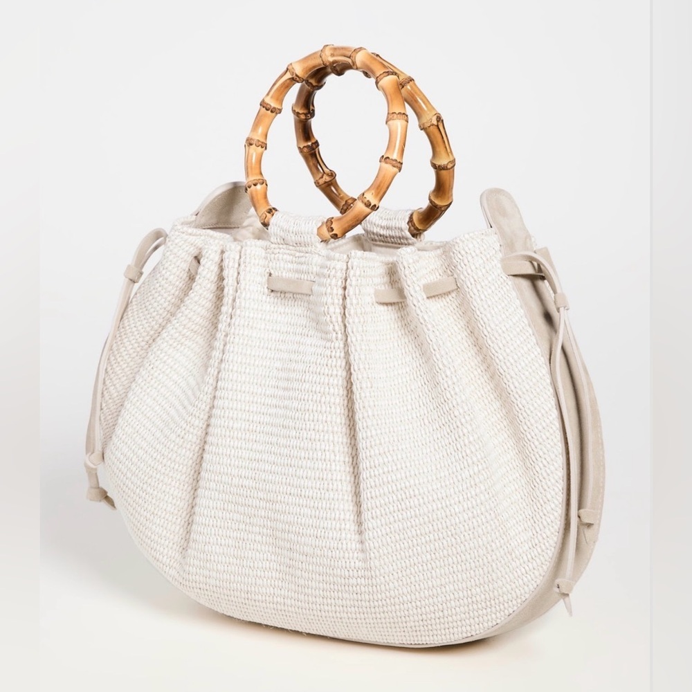 NWOT Caterina Bertini Cream Suede Leather Raffia Bamboo Handle Bucket Bag